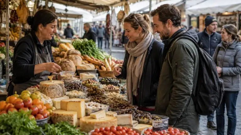 Culinaire reizen en lokale smaken ontdekken. Reizigers ontdekken lokale producten op een levendige Europese markt.