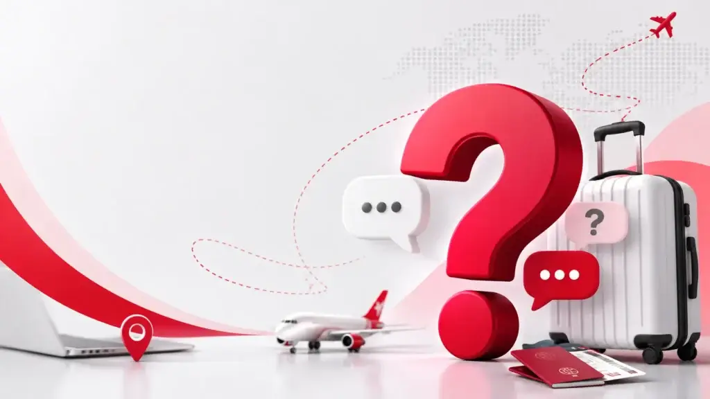FAQ over reizen, vakantie en reisplanning met koffer, wereldbol en vliegtuig