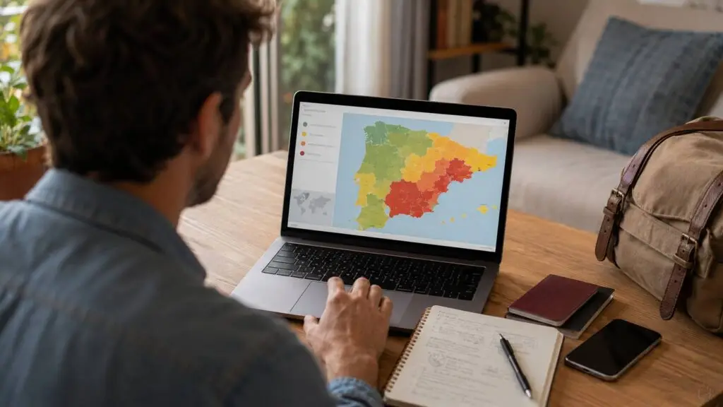Reisadvies checken met verschillende kleurcodes voor regio’s op een digitale kaart.