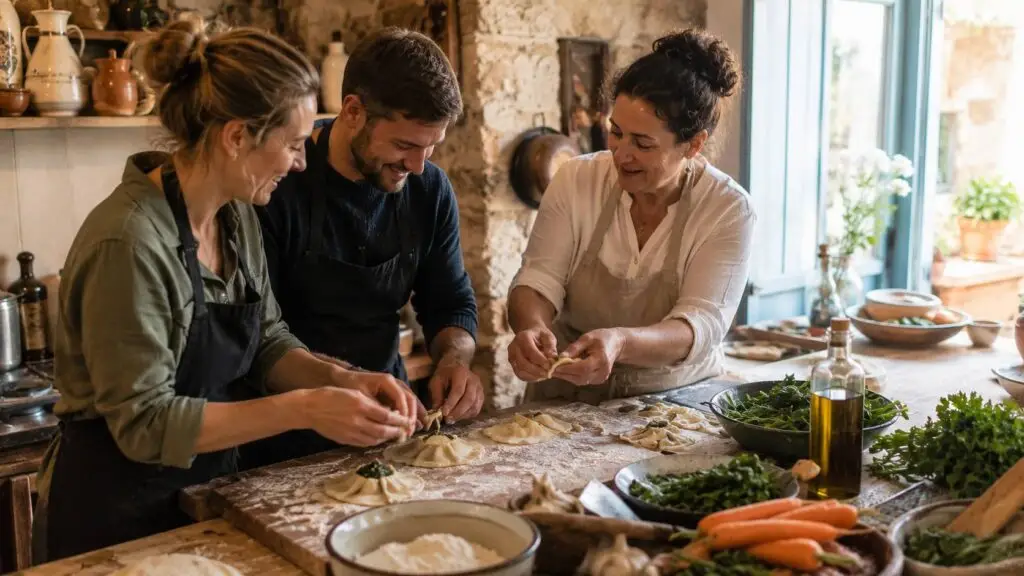 Reizigers bereiden samen met een lokale kok een traditioneel gerecht. culinaire reizen
