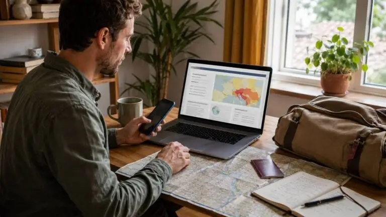 Reisadvies checken op een laptop tijdens de voorbereiding van een buitenlandse reis.