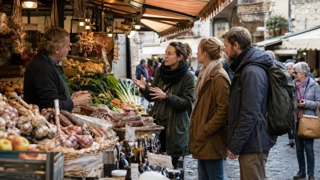 Reizigers bezoeken met een lokale gids een markt in een Europese stad. Bewust reizen