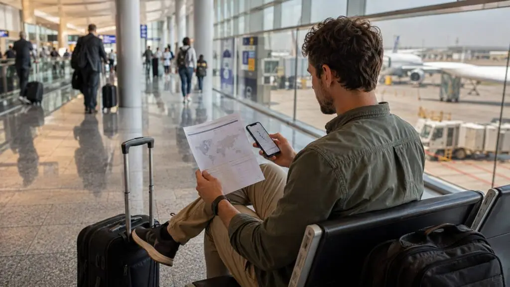 Reizen naar het Midden-Oosten met controle van overstap en vliegroute op een internationale luchthaven.